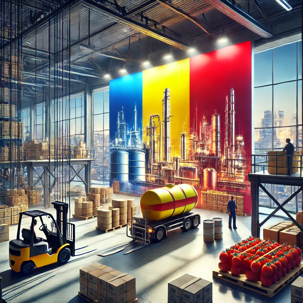 DALL·E 2024-12-08 12.16.39 - A professional digital painting featuring the Romanian flag colors (blue, yellow, red) prominently incorporated into the design of a factory or office
