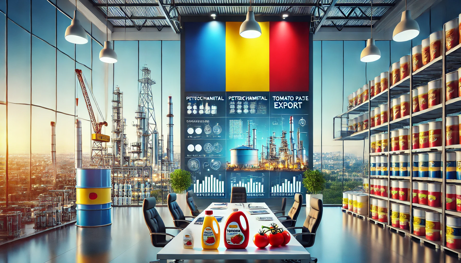 DALL·E 2024-12-08 12.27.41 - A professional digital painting of a modern company in Romania, focusing on a clean and modern factory or office space with the company logo prominent